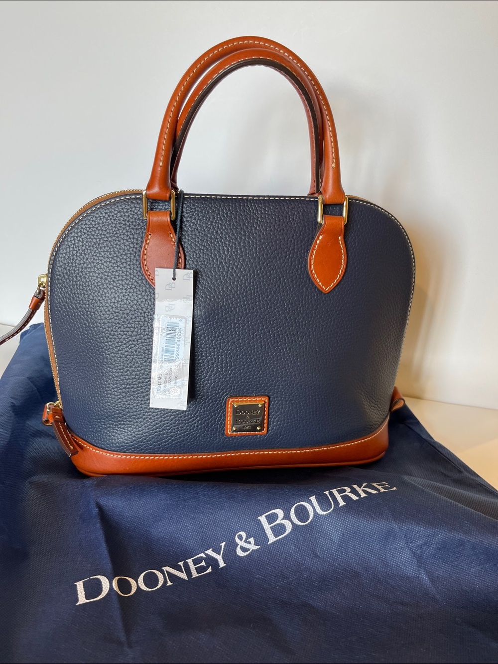 NWT Dooney & Bourke Zip Zip Navy Pebbled Leather Satchel with Brown Trim